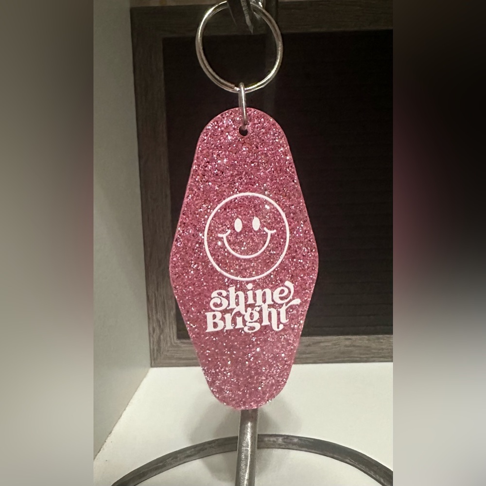 Pink Glitter Keychain with Smiley Face